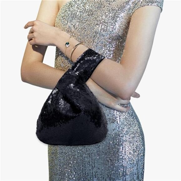 Black Sequin Evening Wristlet Bag Glitter Clutch Purse Sparkly  Pouch for Women - Picture 1 of 7